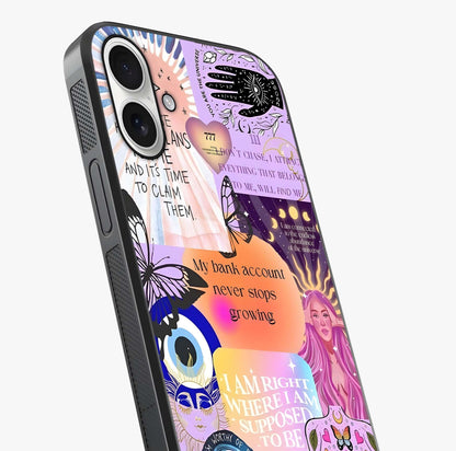 Manifestation Collage Glass Case captured at a warm angle highlighting gloss, texture and premium glass finish.