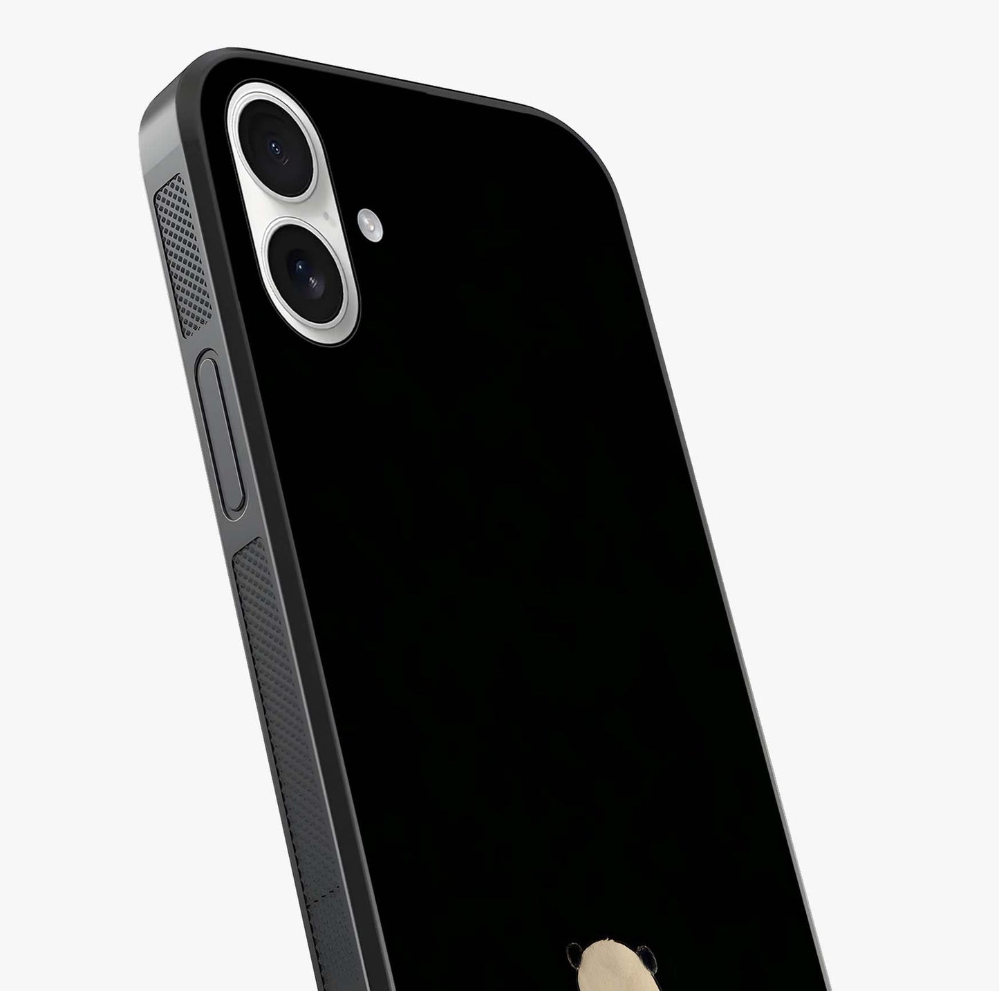 Midnight Panda Love Glass Case captured at a warm angle highlighting gloss, texture and premium glass finish.