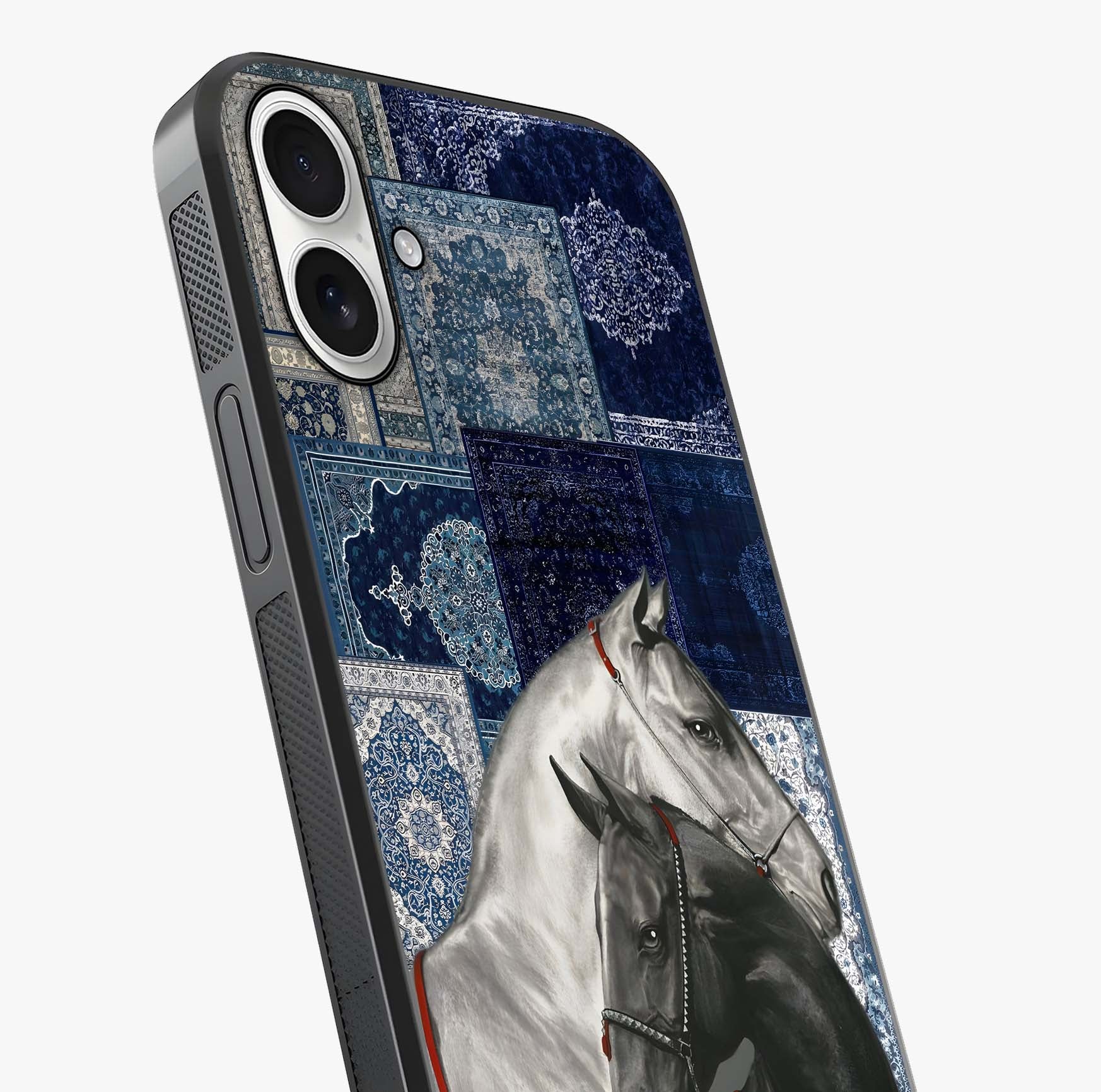 Midnight Stallion Blues Glass Case captured at a warm angle highlighting gloss, texture and premium glass finish.
