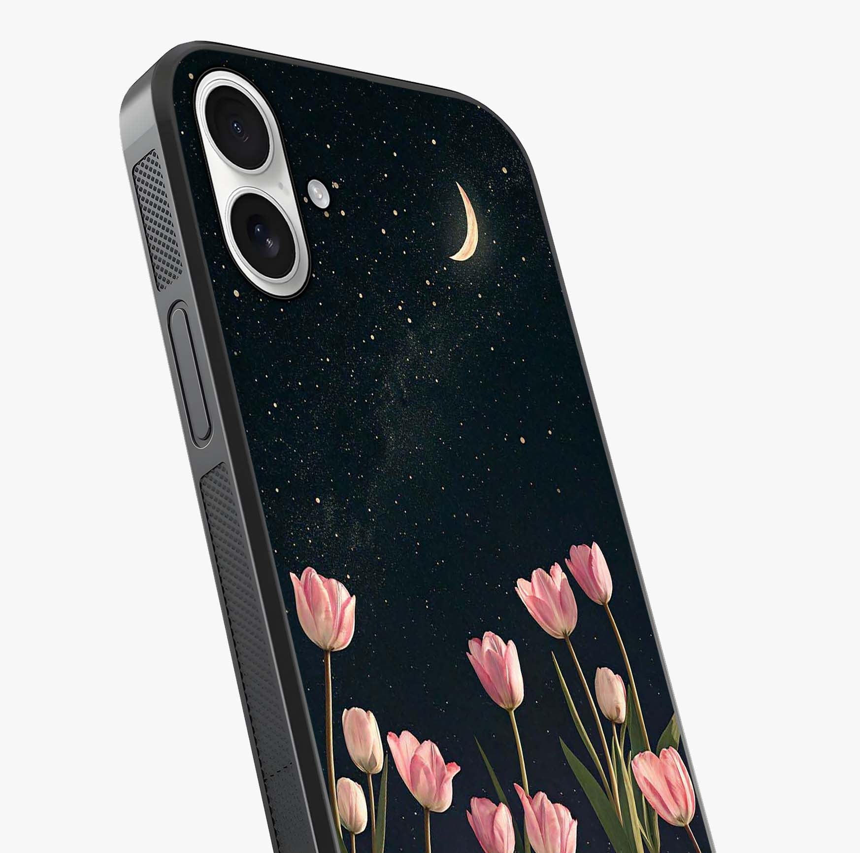 Midnight Tulip Whispers Vibe Glass Case captured at a warm angle highlighting gloss, texture and premium glass finish.