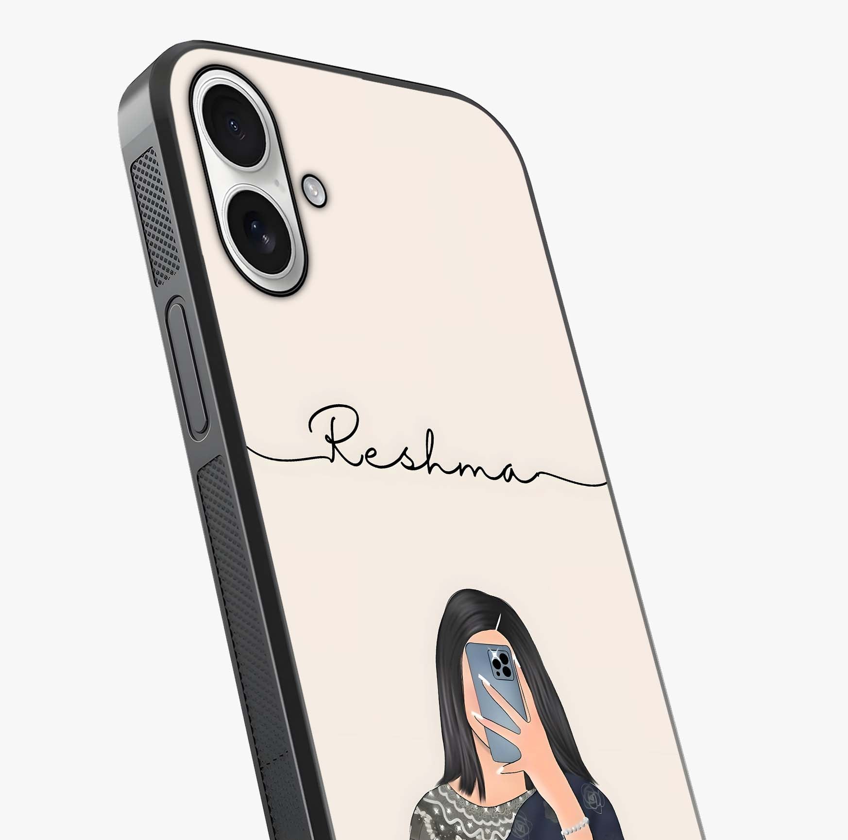 Mirror Mood Muse With Custom Name Glass Case captured at a warm angle highlighting gloss, texture and premium glass finish.