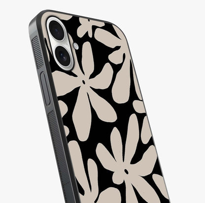 Monochrome Petal Dance Glass Case captured at a warm angle highlighting gloss, texture and premium glass finish.