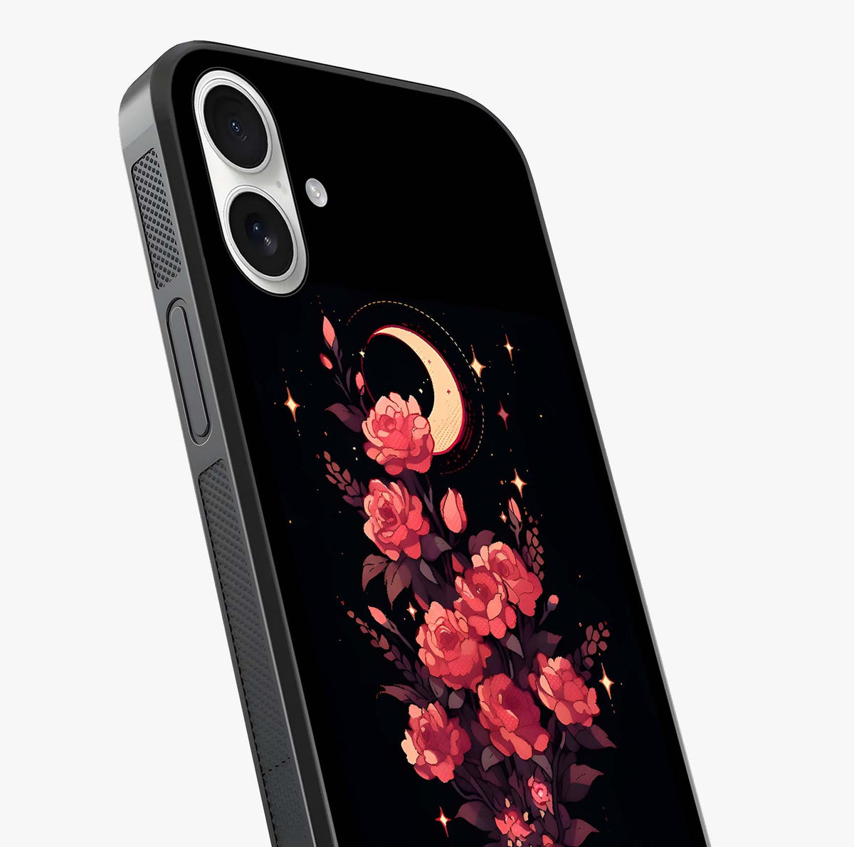 Moonlit Floral Elegance Glass Case captured at a warm angle highlighting gloss, texture and premium glass finish.