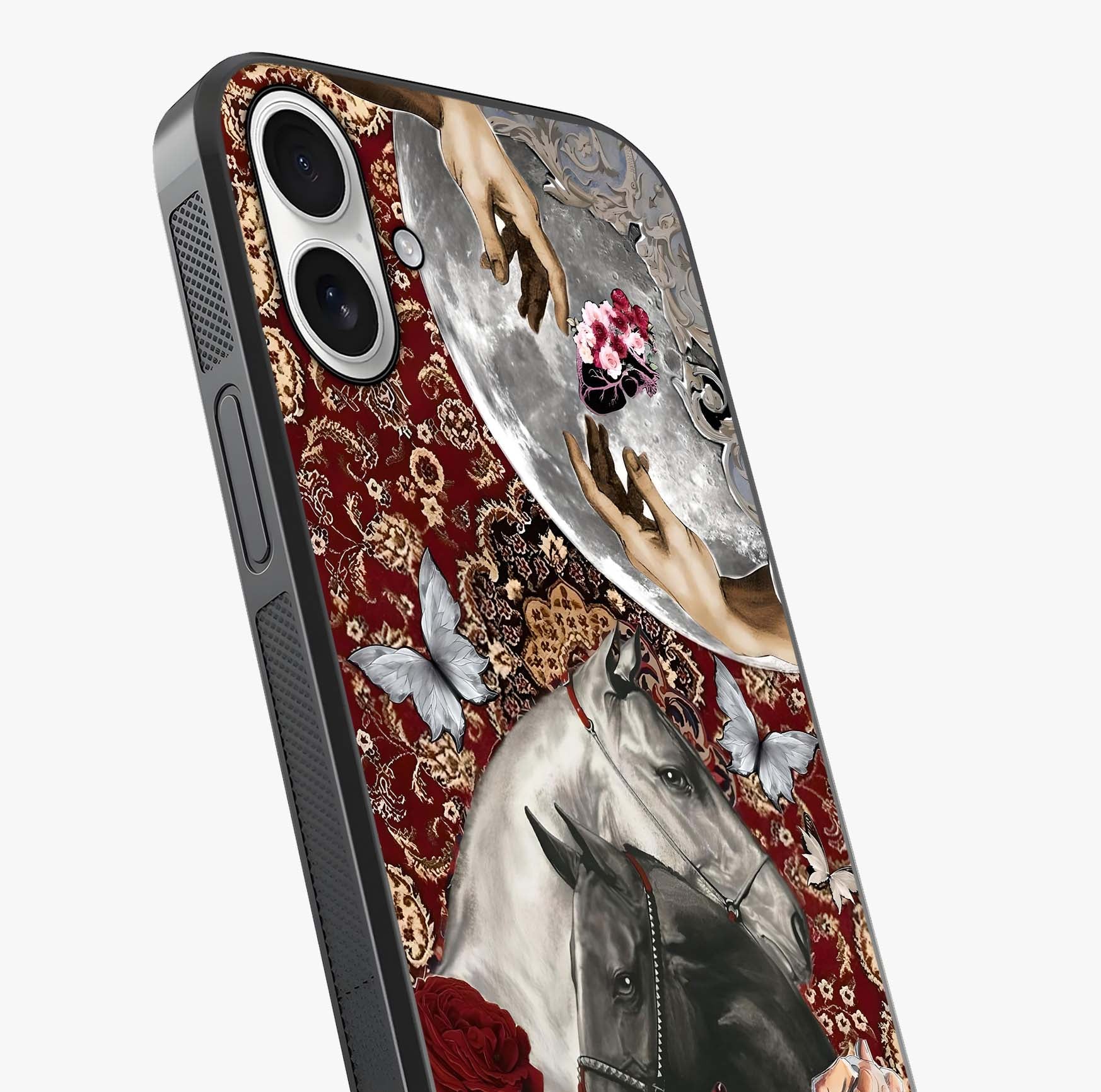 Moonlit Royal Stallion Glass Case captured at a warm angle highlighting gloss, texture and premium glass finish.