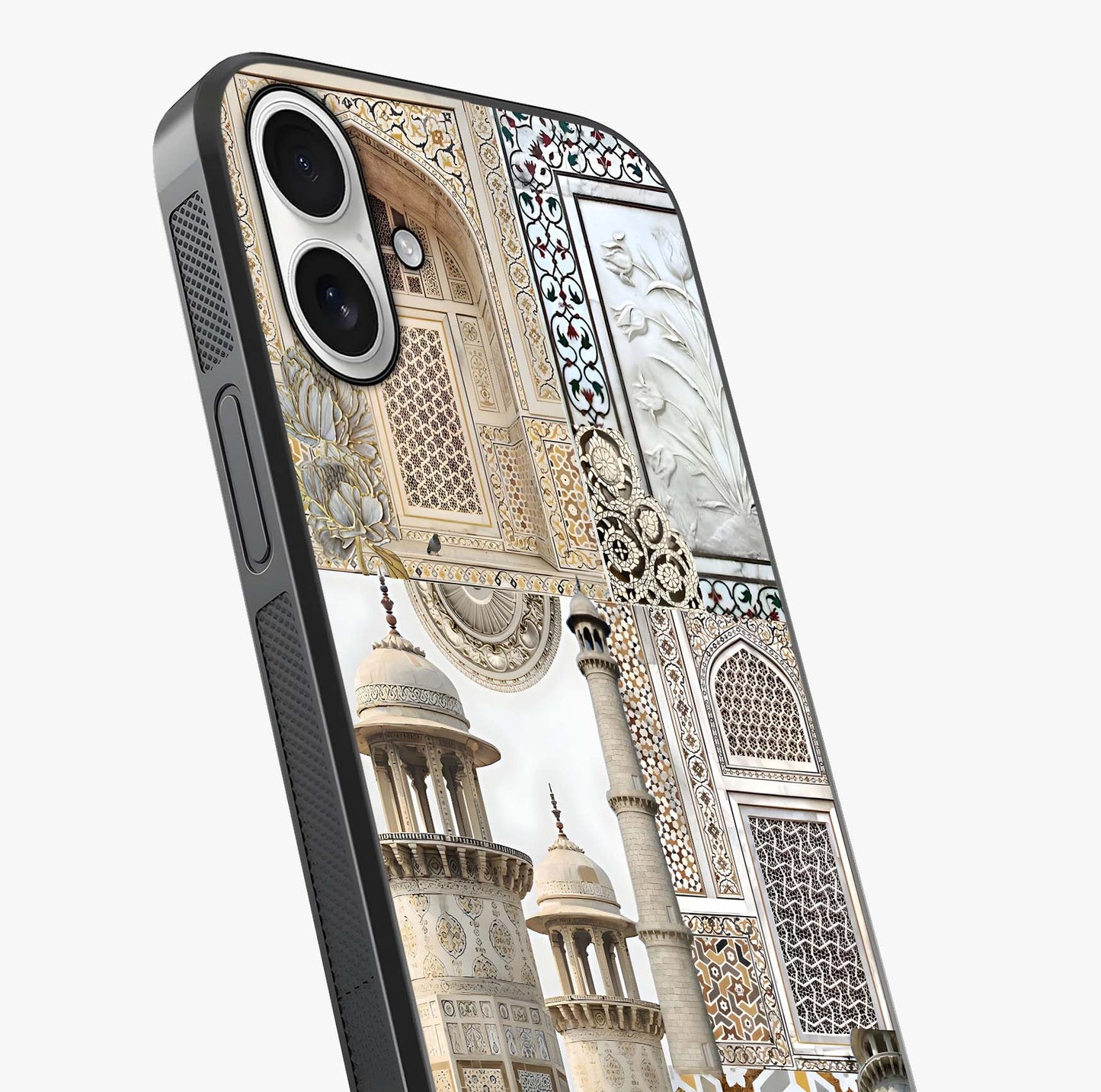 Mughal Marble Legacy Glass Case captured at a warm angle highlighting gloss, texture and premium glass finish.