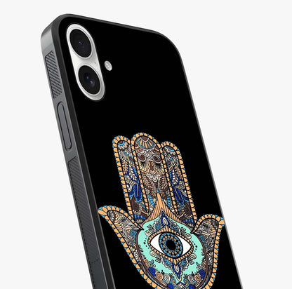 Mystic Hamsa Eye Glass Case captured at a warm angle highlighting gloss, texture and premium glass finish.