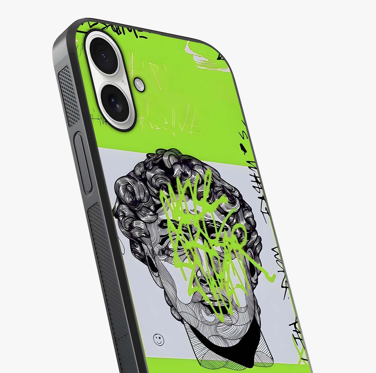 Neo Graffiti Rebellion Glass Case captured at a warm angle highlighting gloss, texture and premium glass finish.