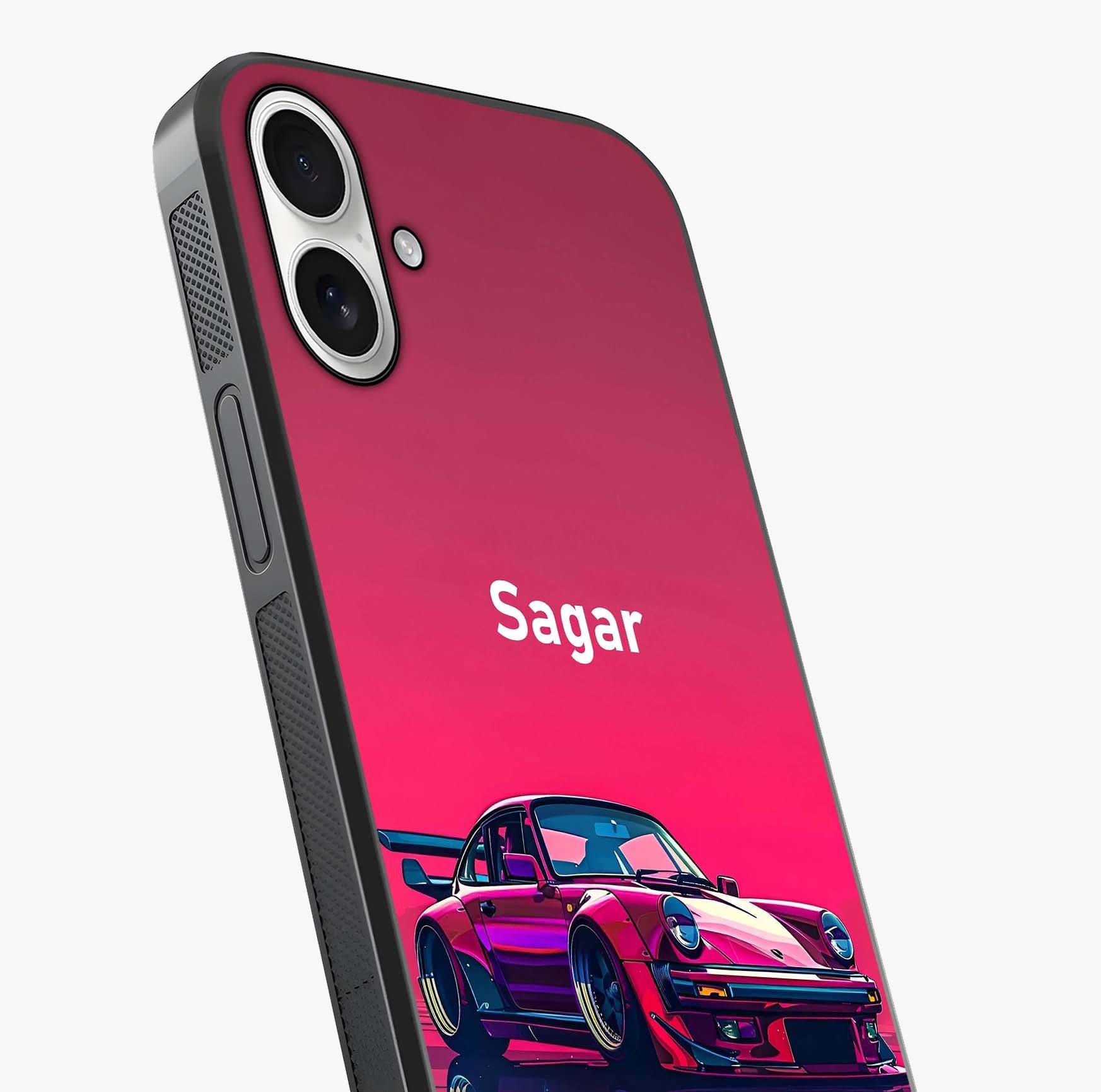 Neon Pink Porsche Glass Case captured at a warm angle highlighting gloss, texture and premium glass finish.