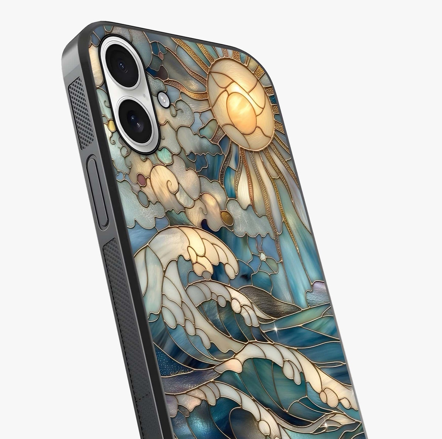 Oceanic Stained Printed Glass Case captured at a warm angle highlighting gloss, texture and premium glass finish.