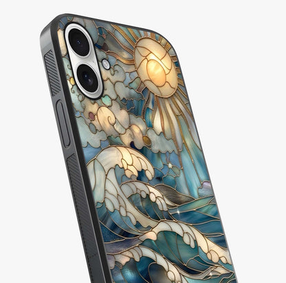 Oceanic Stained Printed Glass Case captured at a warm angle highlighting gloss, texture and premium glass finish.