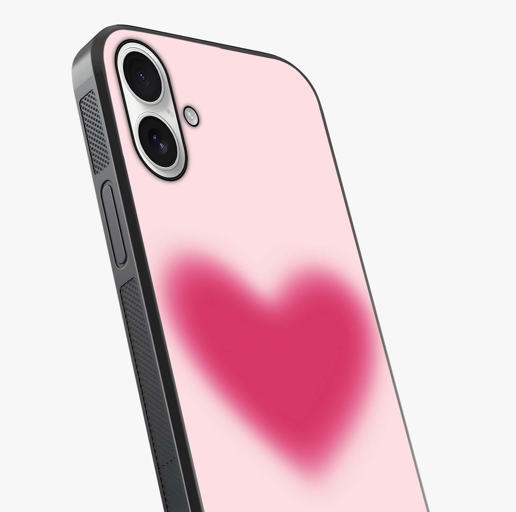 Pink Aura Heart Glass Case captured at a warm angle highlighting gloss, texture and premium glass finish.