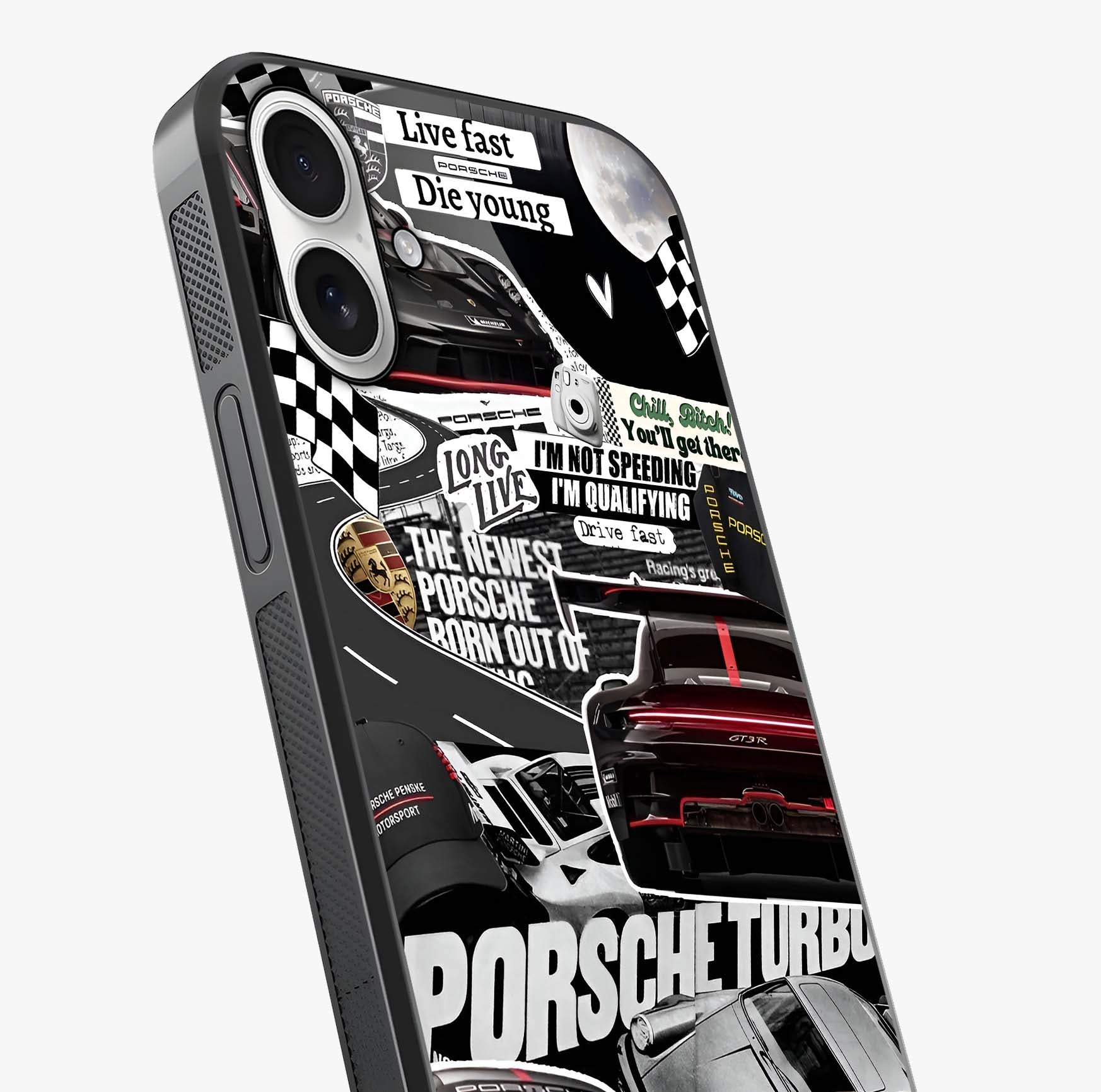 Porsche Racing Collage Glass Case captured at a warm angle highlighting gloss, texture and premium glass finish.