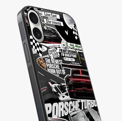Porsche Racing Collage Glass Case captured at a warm angle highlighting gloss, texture and premium glass finish.