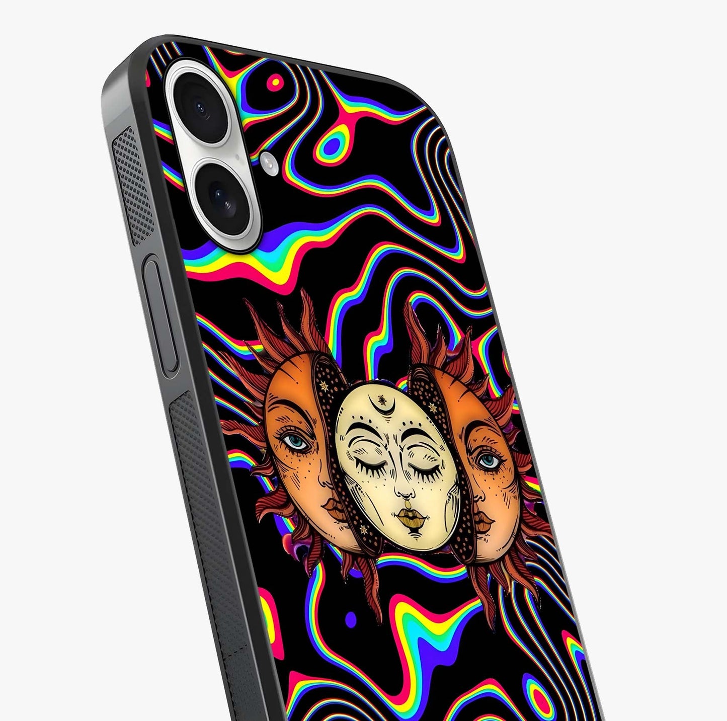 Psychedelic Sun Glass Case captured at a warm angle highlighting gloss, texture and premium glass finish.