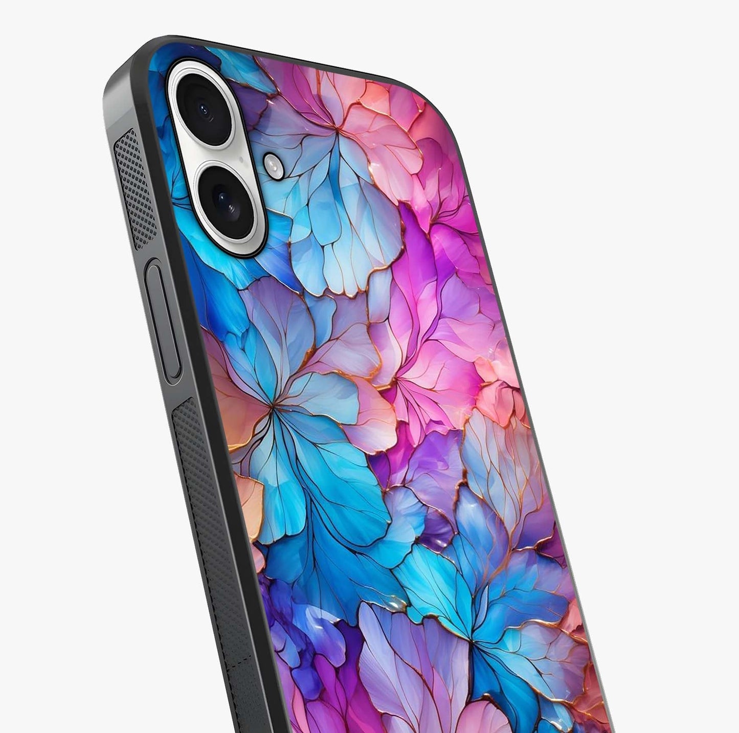 Radiant Floral Whirl Glass Case captured at a warm angle highlighting gloss, texture and premium glass finish.