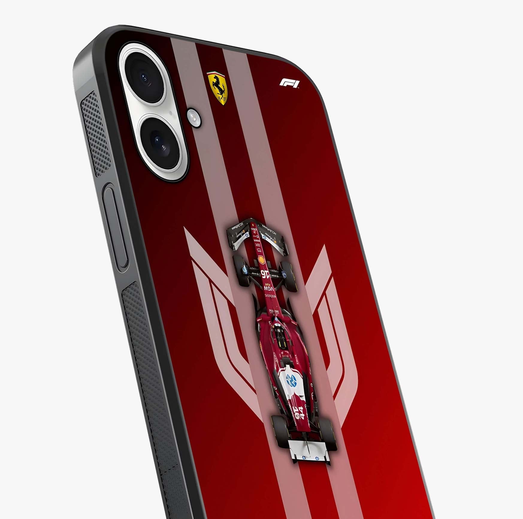 Red Ferrari F1 Vertical Glass Case captured at a warm angle highlighting gloss, texture and premium glass finish.