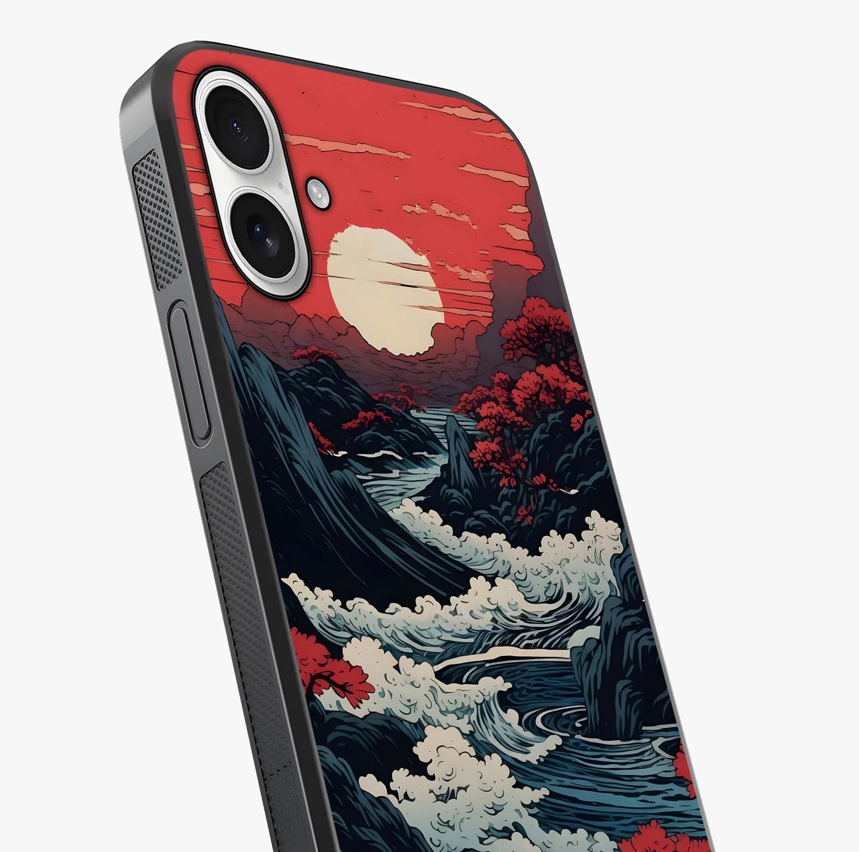 Red Sunset Scenery Glass Case captured at a warm angle highlighting gloss, texture and premium glass finish.