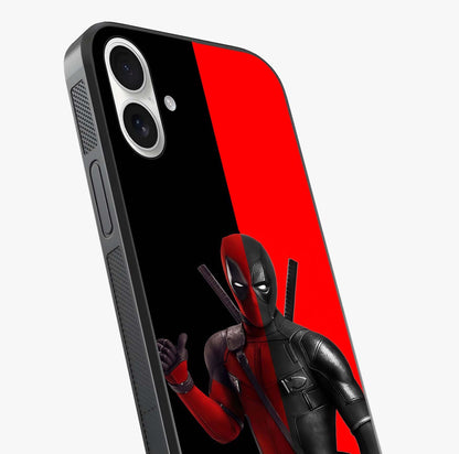 Red & Black Deadpool Theme Glass Case captured at a warm angle highlighting gloss, texture and premium glass finish.