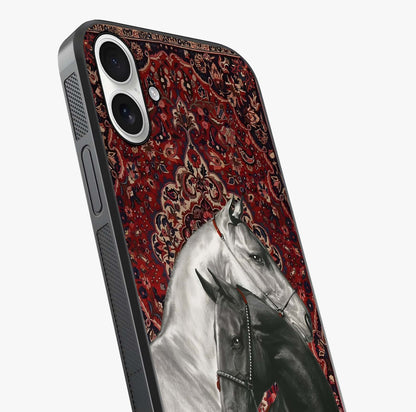 Regal Stallion Tapestry Glass Case captured at a warm angle highlighting gloss, texture and premium glass finish.