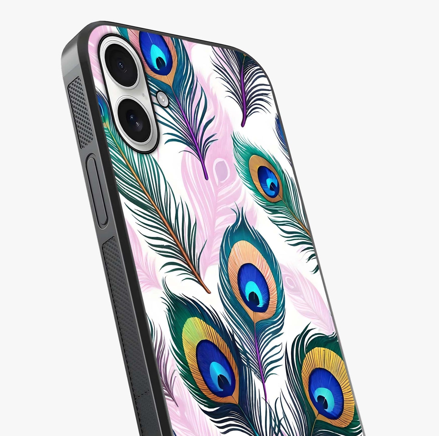 Royal Peacock Feathers Glass Case captured at a warm angle highlighting gloss, texture and premium glass finish.