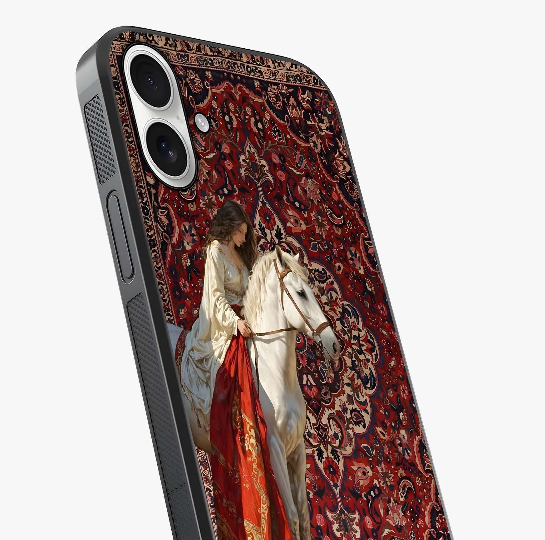 Royal Rider Tapestry Glass Case captured at a warm angle highlighting gloss, texture and premium glass finish.