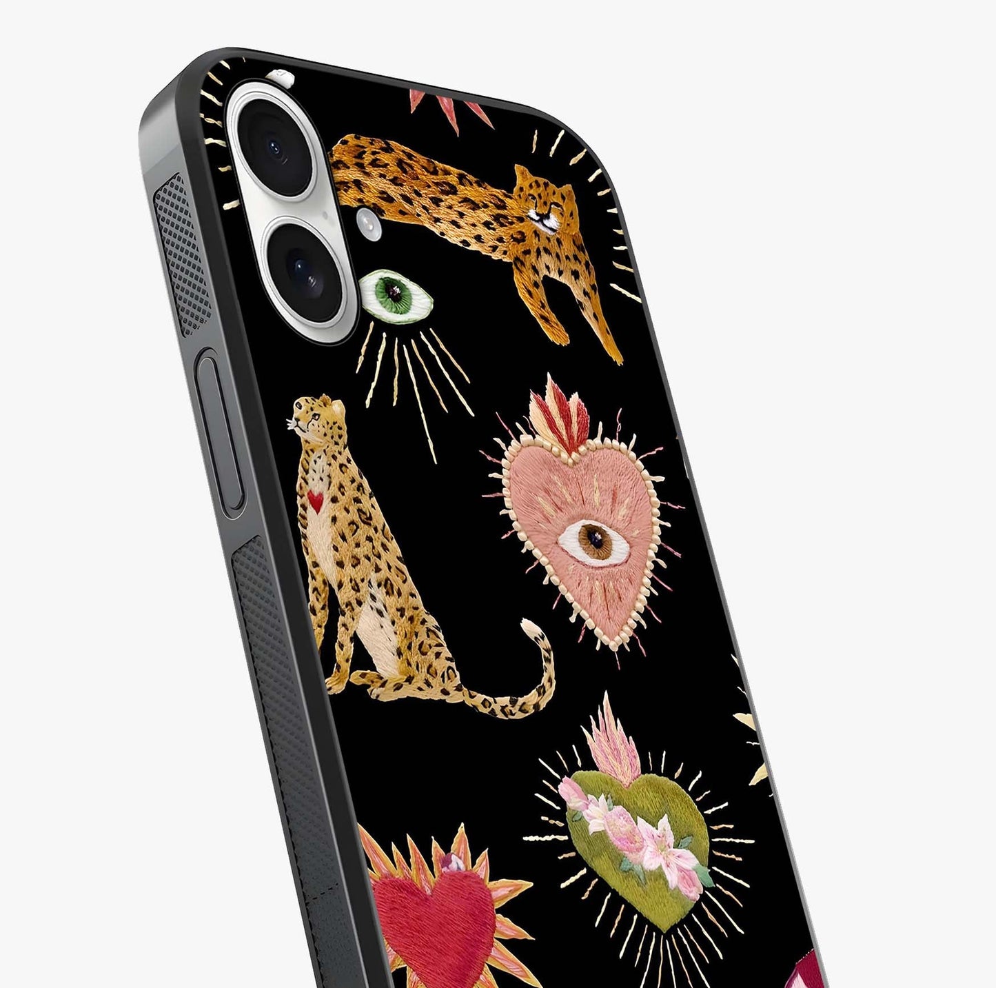 Sacred Jungle Heart Glass Case captured at a warm angle highlighting gloss, texture and premium glass finish.