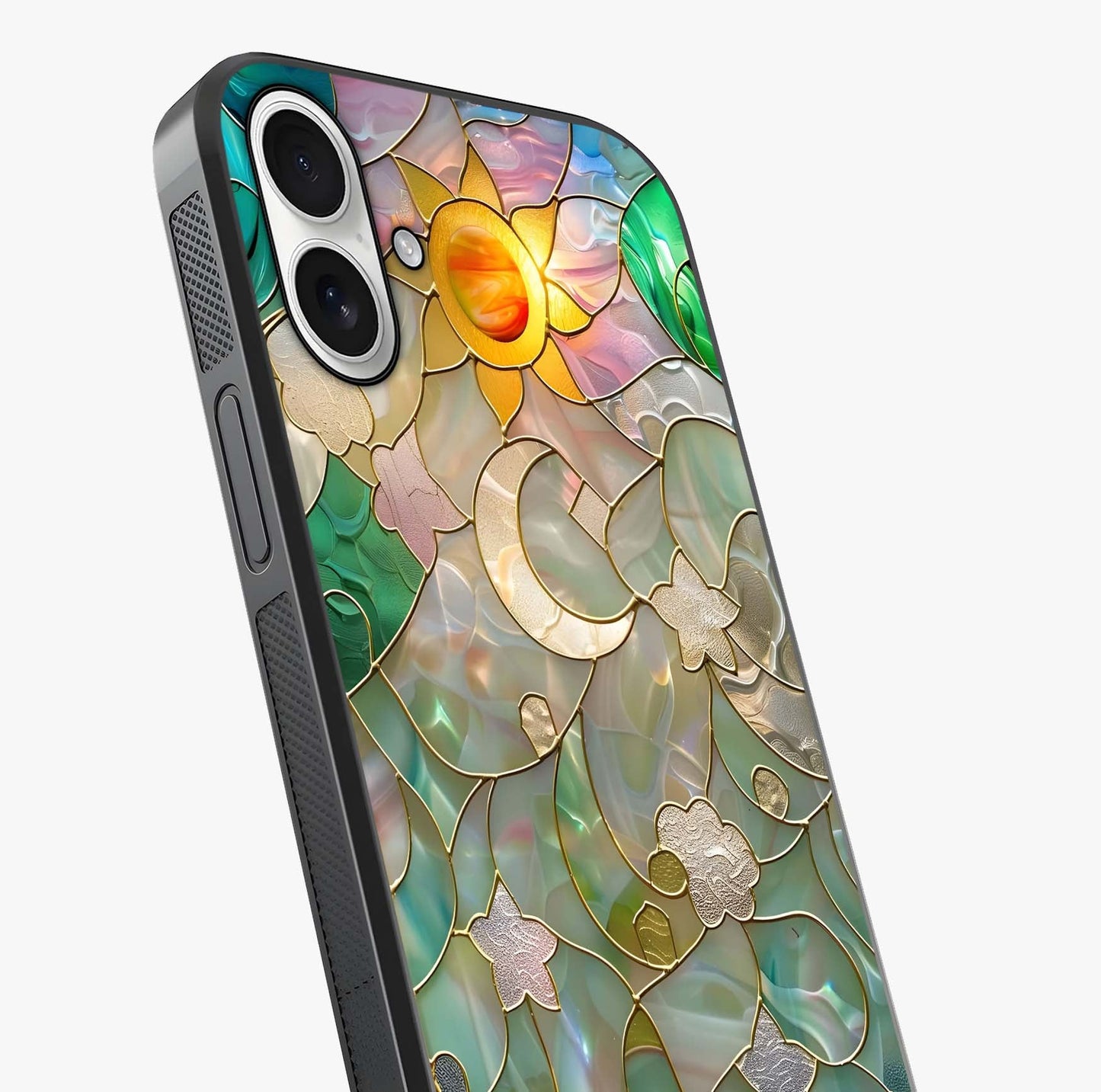 Stained Sunrise Glow Glass Case captured at a warm angle highlighting gloss, texture and premium glass finish.