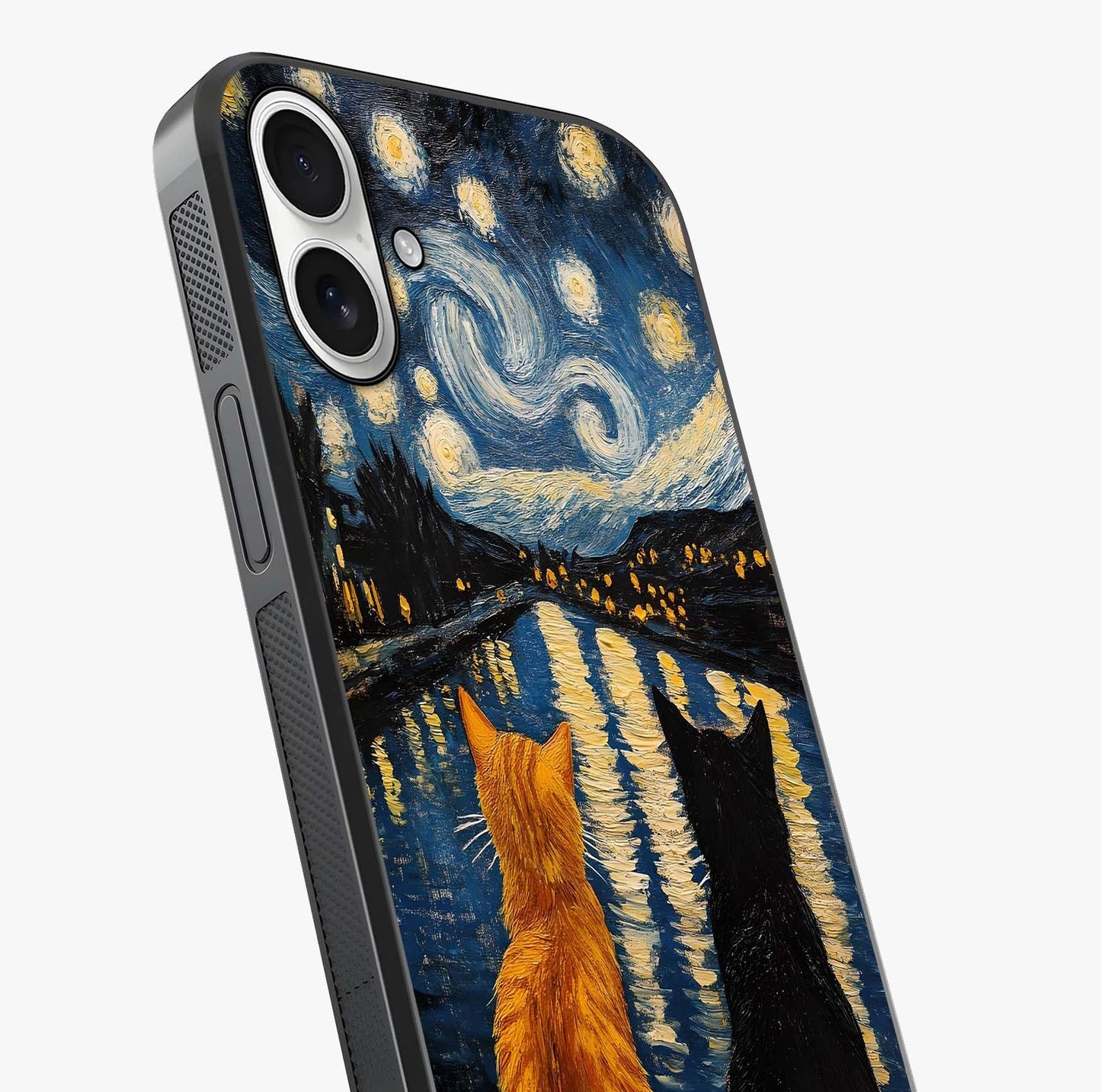Starry River Cats Glass Case captured at a warm angle highlighting gloss, texture and premium glass finish.