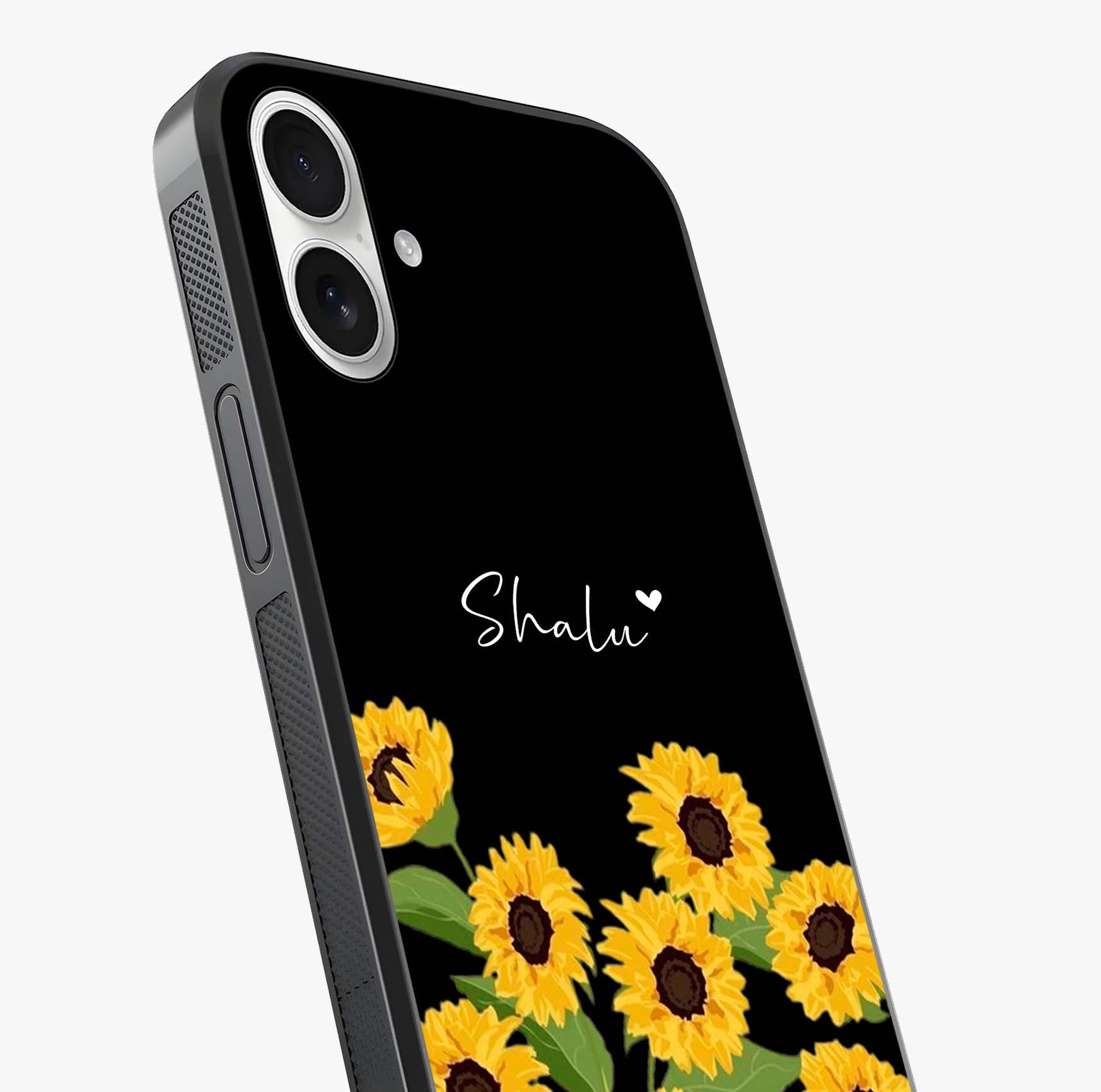 Sunflower Chic Mood Custom Name Glass Case captured at a warm angle highlighting gloss, texture and premium glass finish.