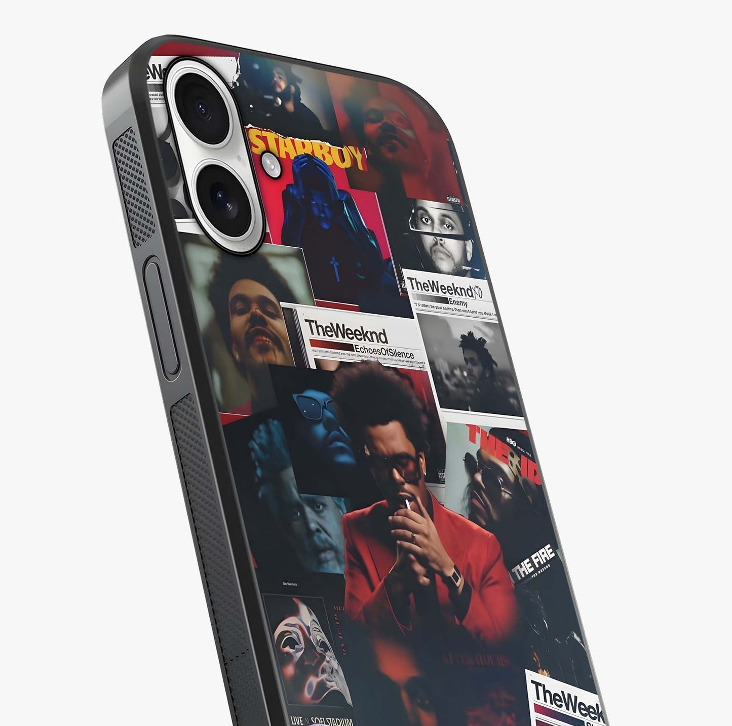 The Weeknd Glass Case captured at a warm angle highlighting gloss, texture and premium glass finish.