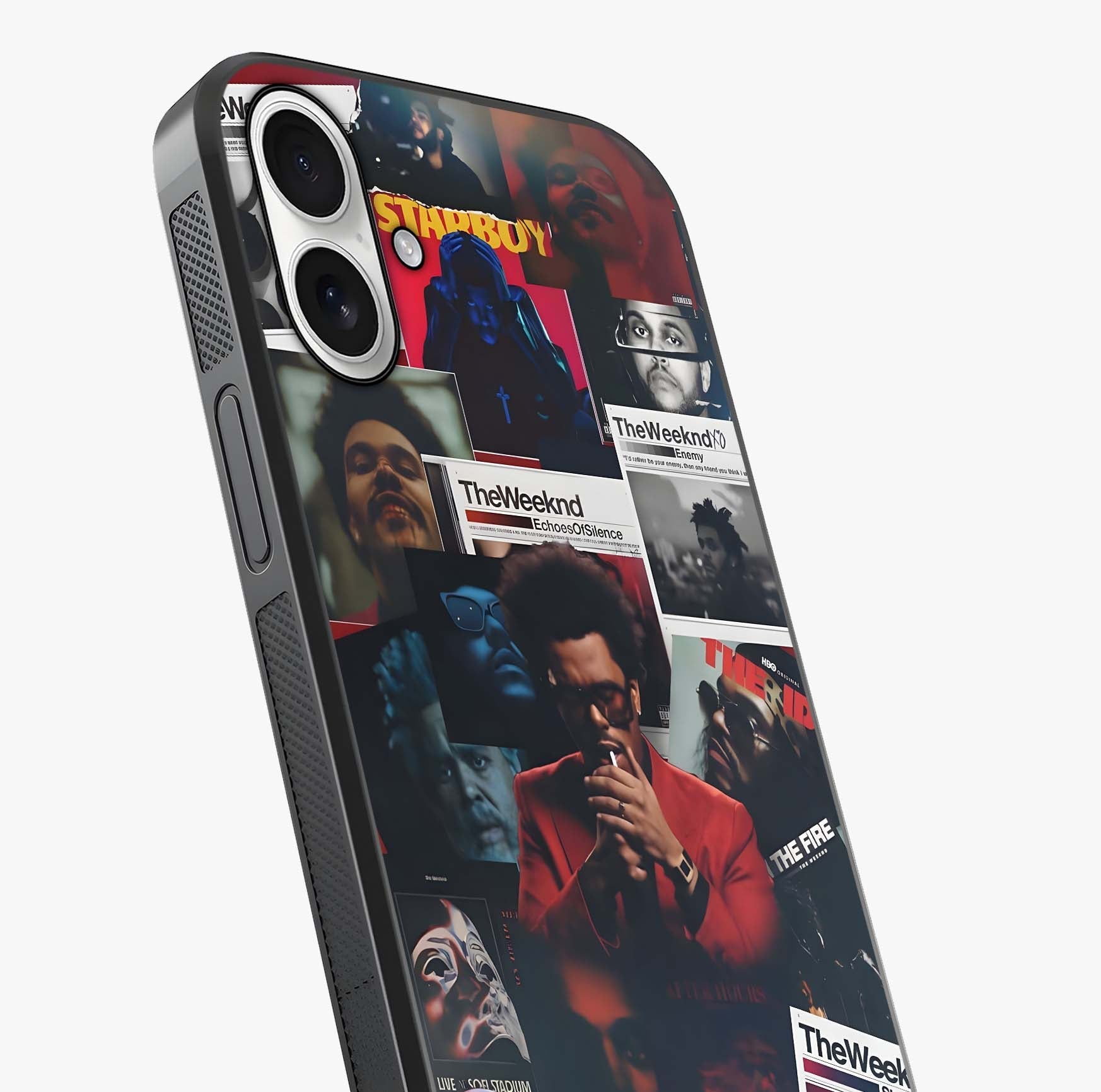 The Weeknd Glass Case captured at a warm angle highlighting gloss, texture and premium glass finish.