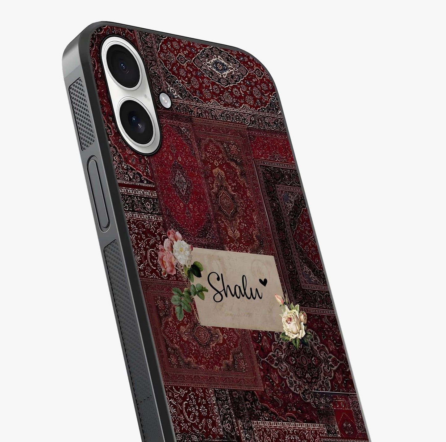 Velvet Wine Pattern Custom Name Glass Case captured at a warm angle highlighting gloss, texture and premium glass finish.