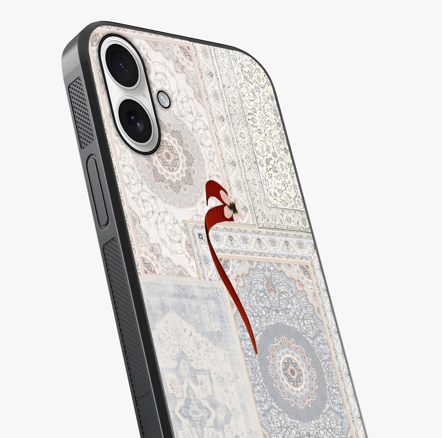White Aesthetic Bow Glass Case captured at a warm angle highlighting gloss, texture and premium glass finish.