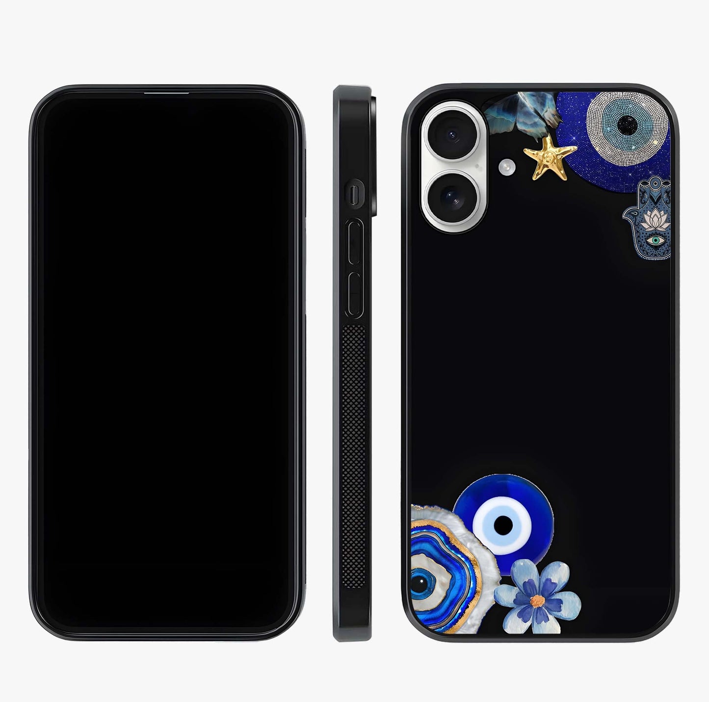 Aesthetic Blue Evil Eye Glass Case displayed upright for full design visibility and premium finish.