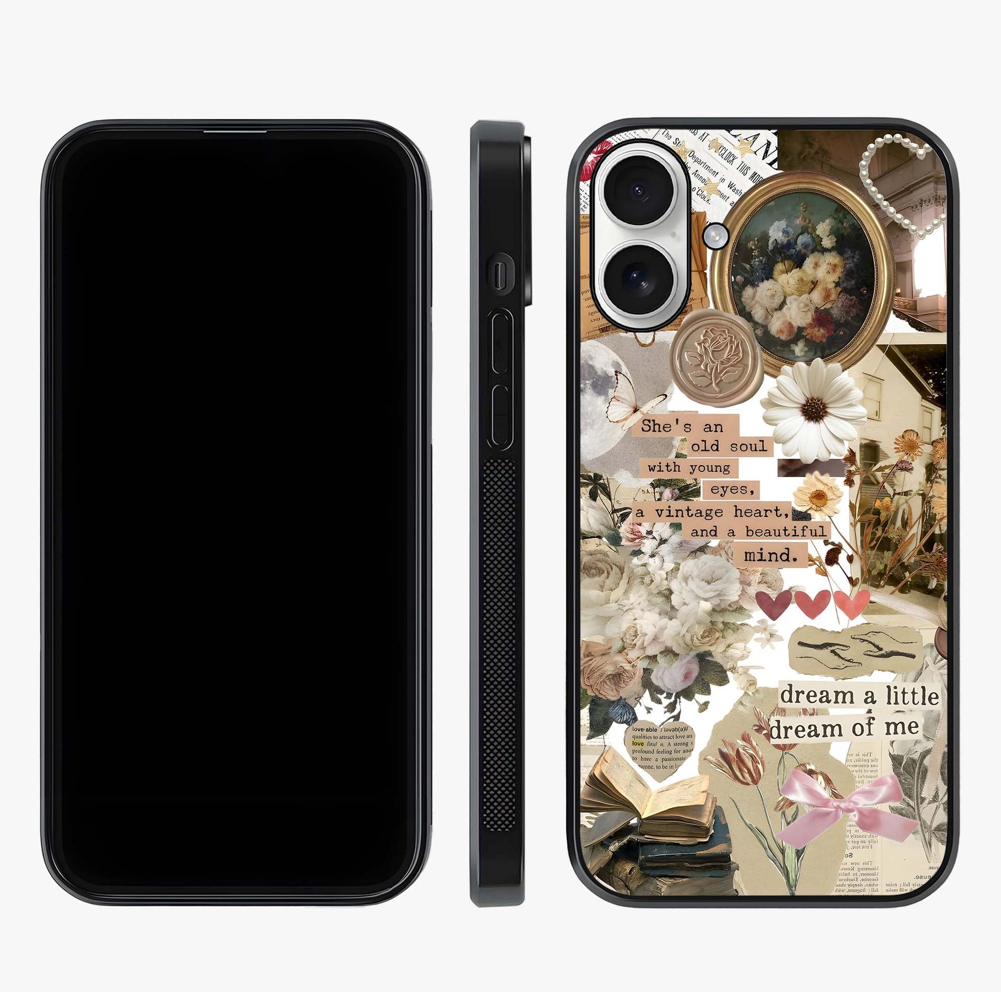 Aesthetic Brown Vintage Collage Glass Case displayed upright for full design visibility and premium finish.