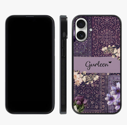 Antique Floral Whisper Custom Name Glass Case displayed upright for full design visibility and premium finish.