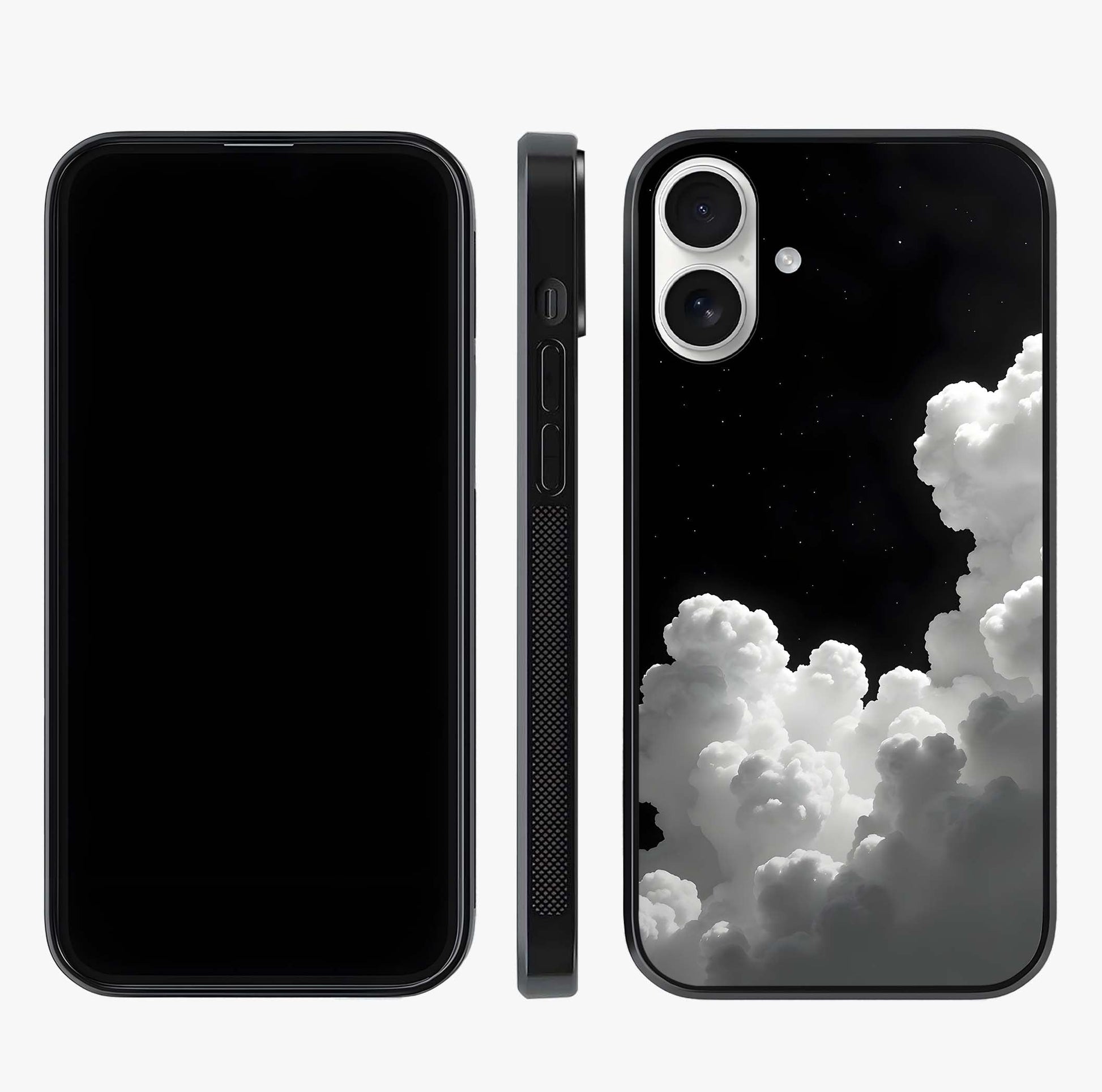 Black Background With White Cloud Glass Case displayed upright for full design visibility and premium finish.