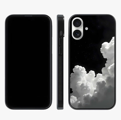 Black Background With White Cloud Glass Case displayed upright for full design visibility and premium finish.