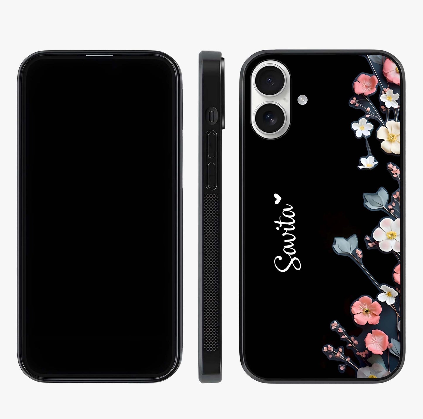 Black Elegance Floral Custom Name Glass Case displayed upright for full design visibility and premium finish.