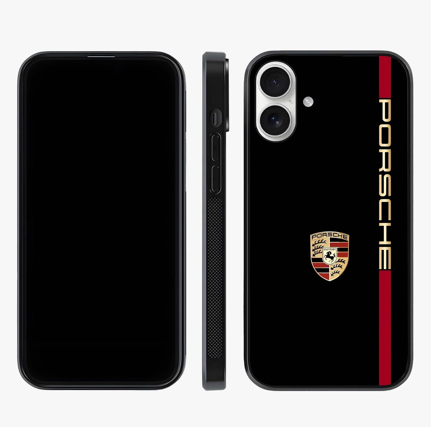 Black Minimal Porsche Glass Case displayed upright for full design visibility and premium finish.