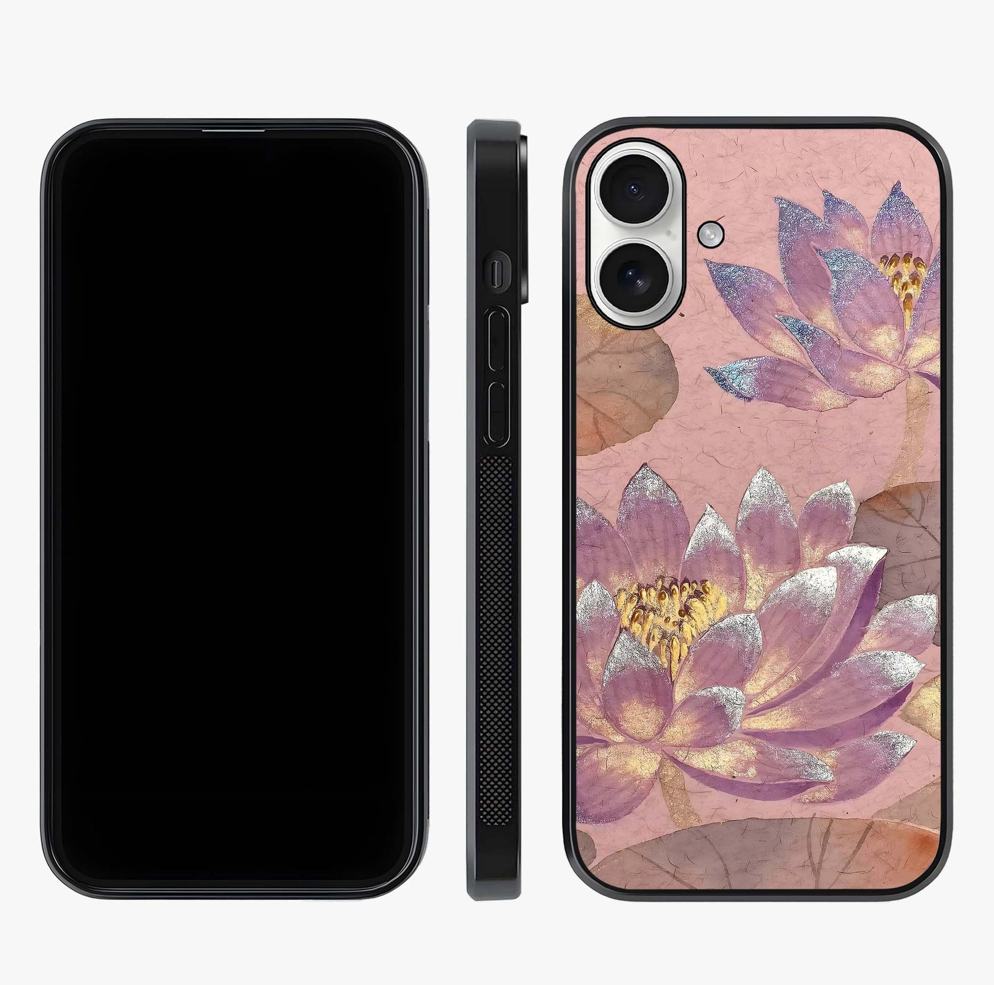 Blossom Mist Lotus Glass Case displayed upright for full design visibility and premium finish.