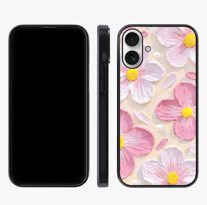 Blush Bloom Texture Glass Case displayed upright for full design visibility and premium finish.