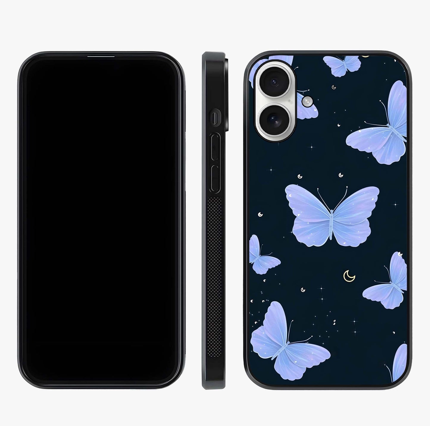 Butterfly With Stars Pattern Glass Case displayed upright for full design visibility and premium finish.