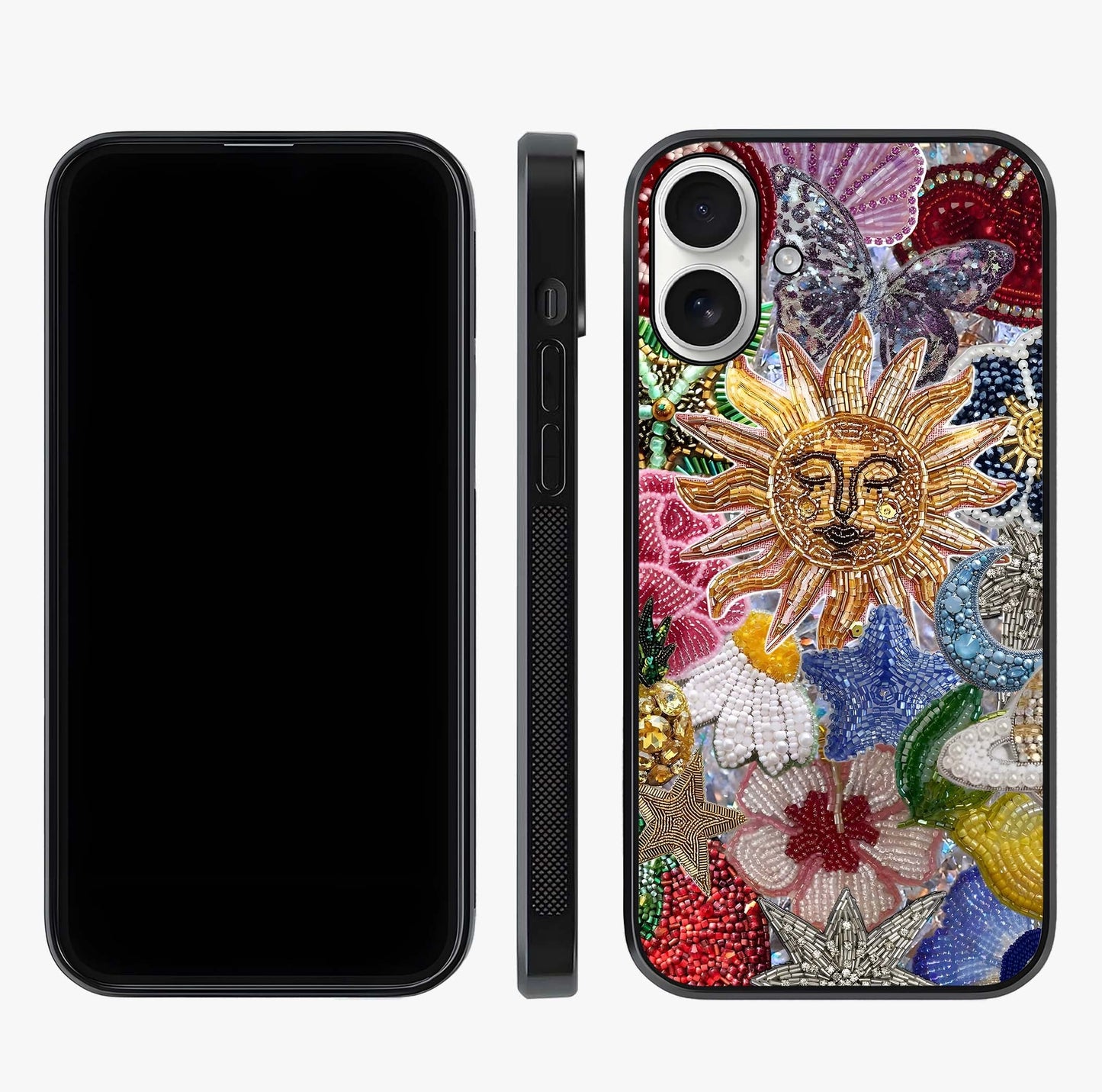 Celestial Floral And Playful Glass Case displayed upright for full design visibility and premium finish.