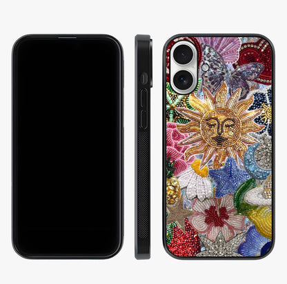 Celestial Floral And Playful Glass Case displayed upright for full design visibility and premium finish.