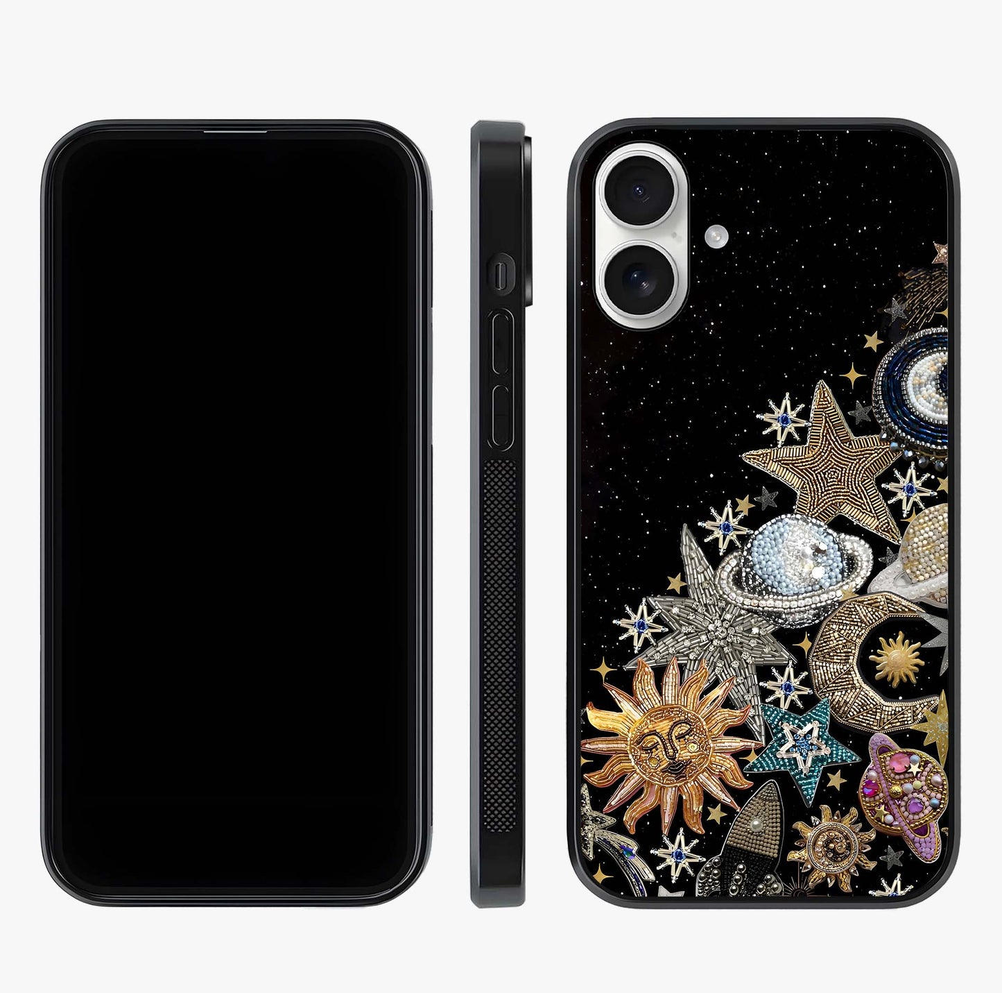 Cosmic Sparkle Dreams Glass Case displayed upright for full design visibility and premium finish.