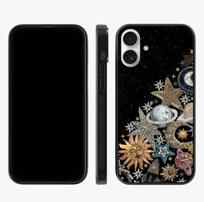 Cosmic Sparkle Dreams Glass Case displayed upright for full design visibility and premium finish.
