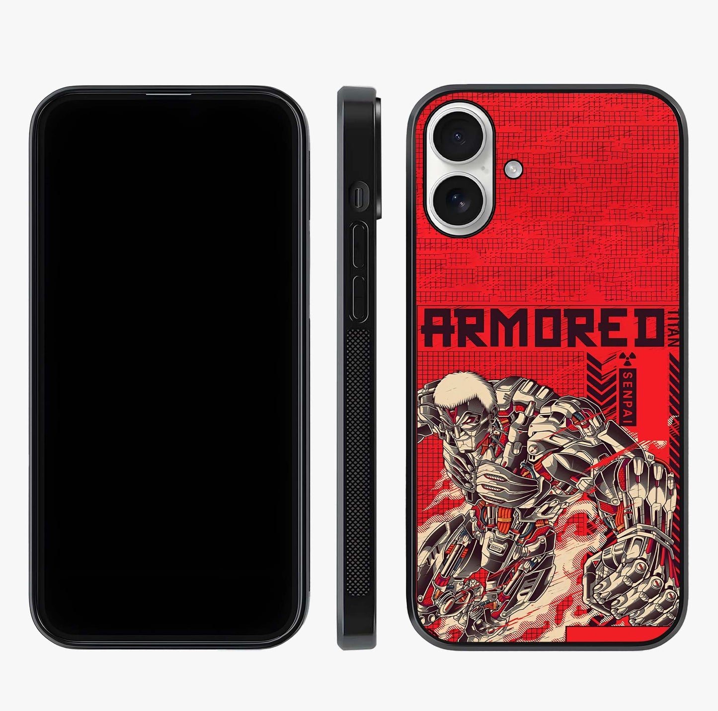 Crimson Mecha Titan Glass Case displayed upright for full design visibility and premium finish.