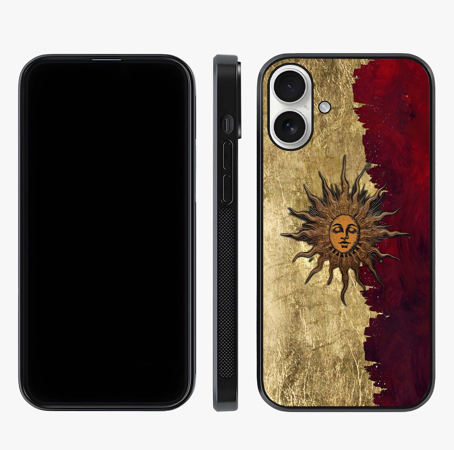 Crimson Sun Majesty Glass Case displayed upright for full design visibility and premium finish.