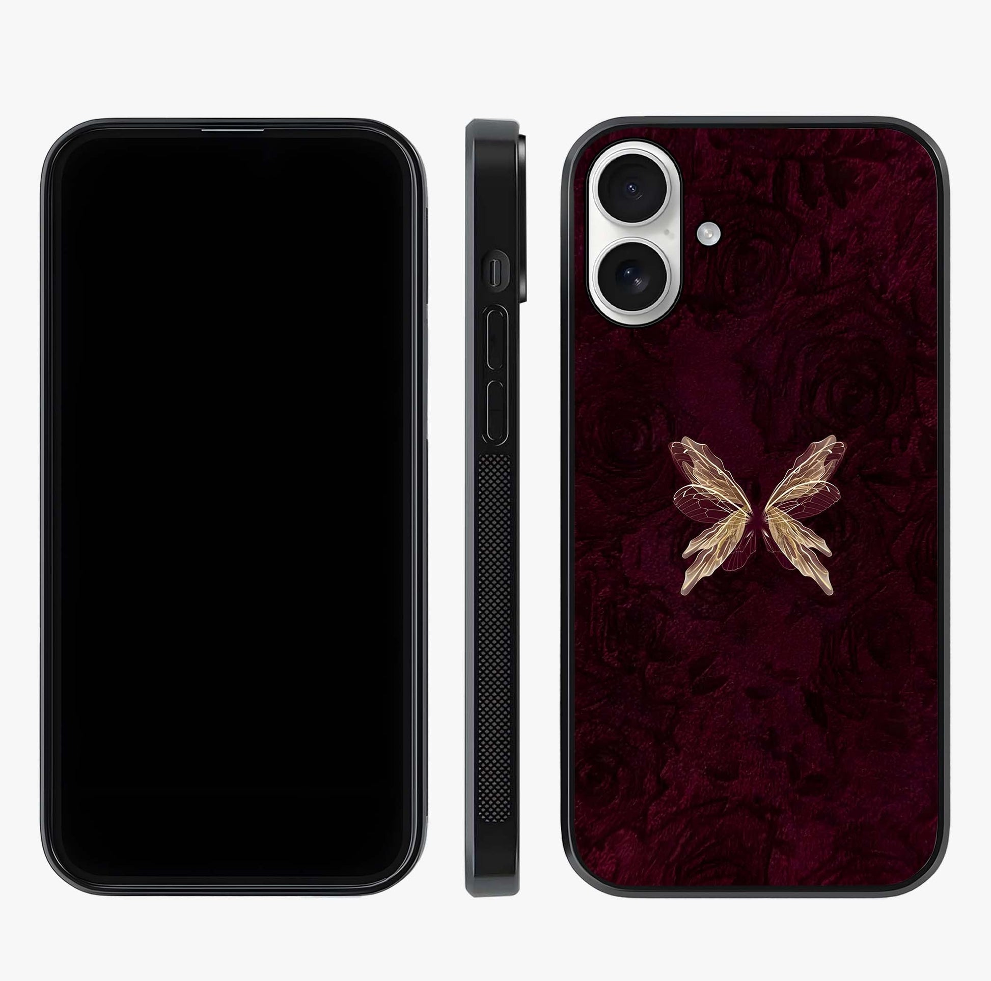 Crimson Fade Butterfly Glass Case displayed upright for full design visibility and premium finish.